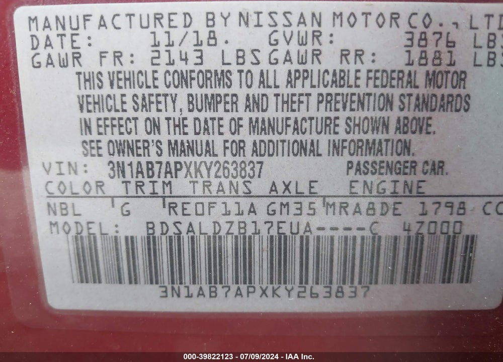 2019 NISSAN SENTRA SV VIN: 3N1AB7APXKY263837