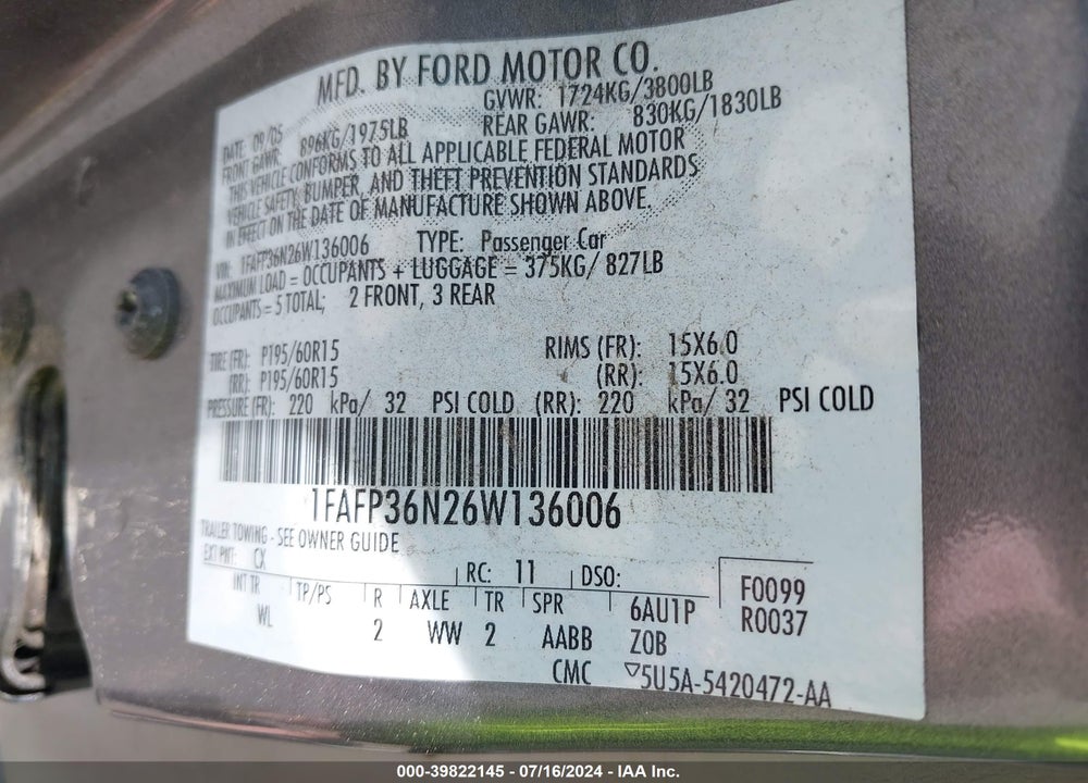 2006 FORD FOCUS ZXW VIN: 1FAFP36N26W136006