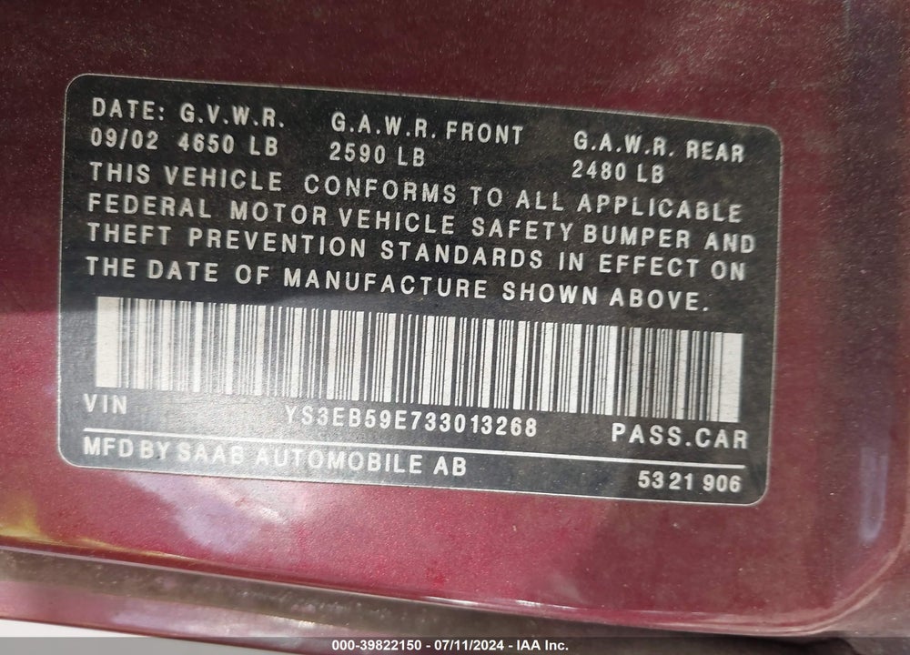 2003 SAAB 9-5 LINEAR VIN: YS3EB59E733013268