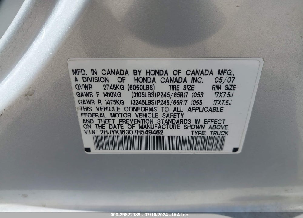 2007 HONDA RIDGELINE RTX VIN: 2HJYK16307H549462