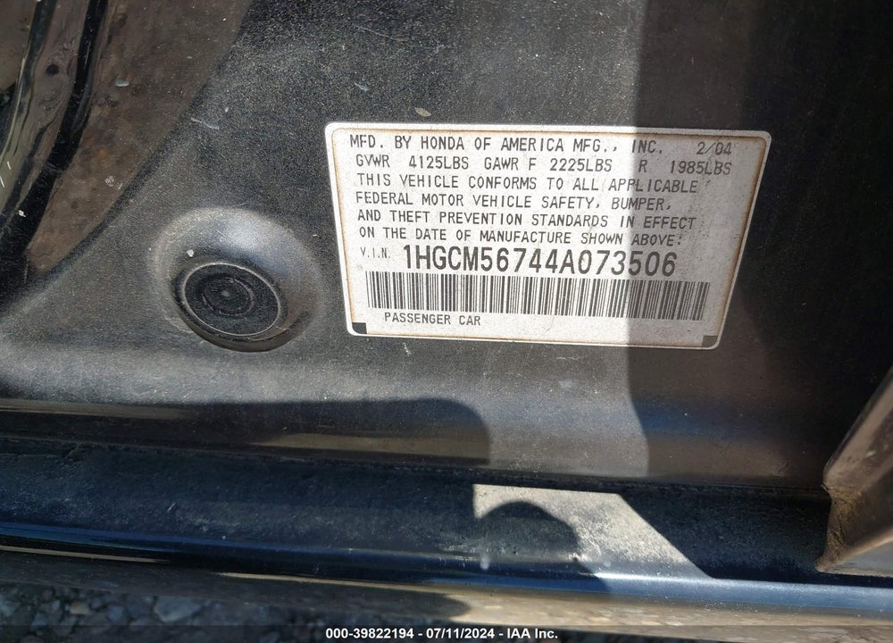 2004 HONDA ACCORD 2.4 EX VIN: 1HGCM56744A073506