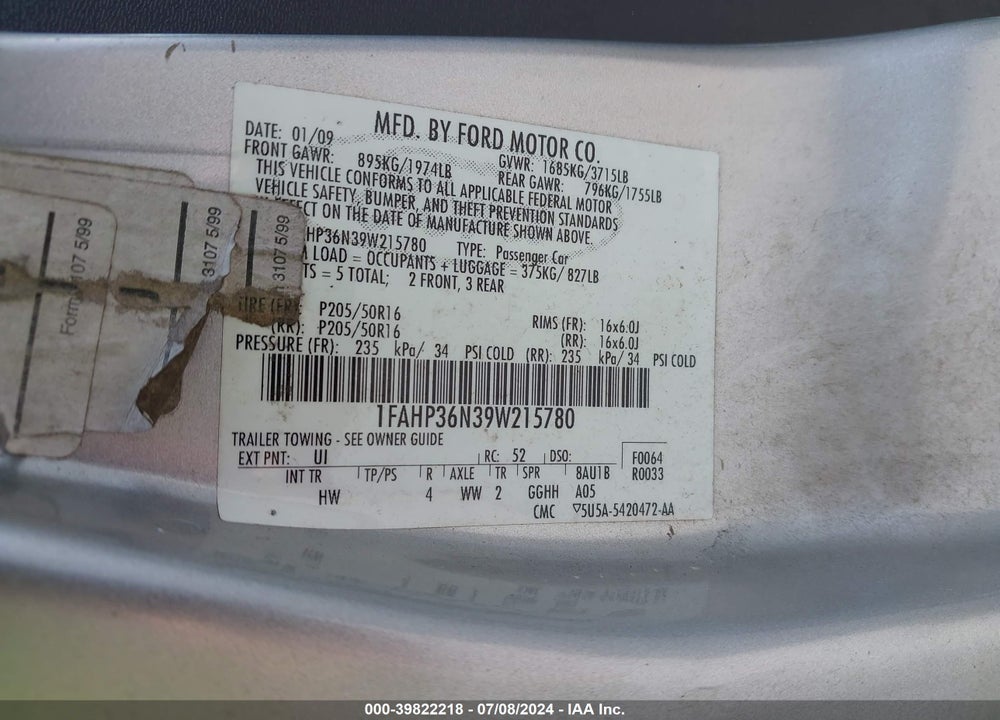 2009 FORD FOCUS SES VIN: 1FAHP36N39W215780