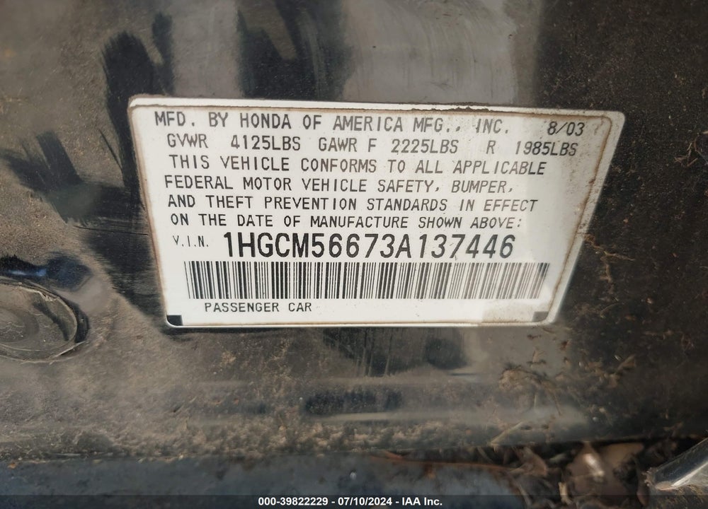 2003 HONDA ACCORD 2.4 EX VIN: 1HGCM56673A137446