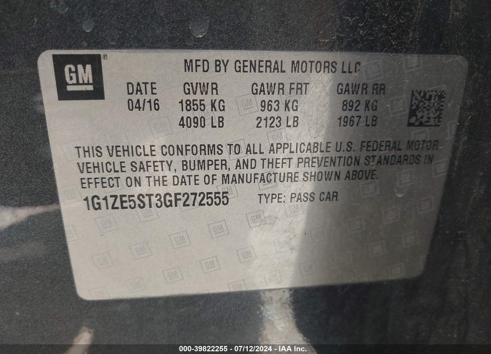 2016 CHEVROLET MALIBU 1LT VIN: 1G1ZE5ST3GF272555