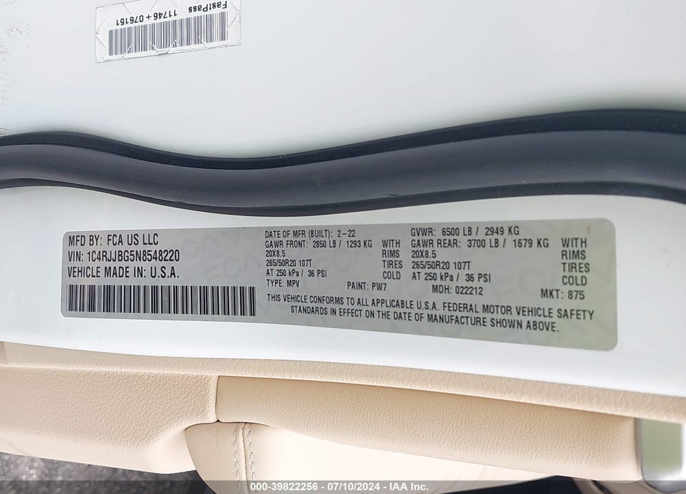 2022 JEEP GRAND CHEROKEE L LIMITED 4X2 VIN: 1C4RJJBG5N8548220