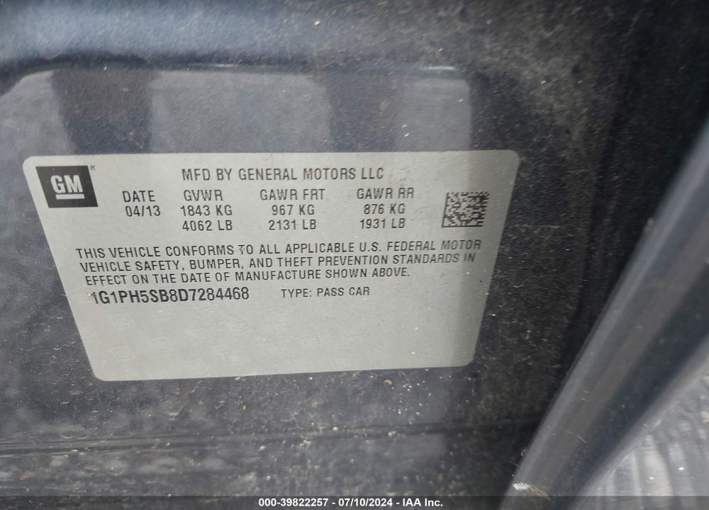 2013 CHEVROLET CRUZE ECO AUTO VIN: 1G1PH5SB8D7284468