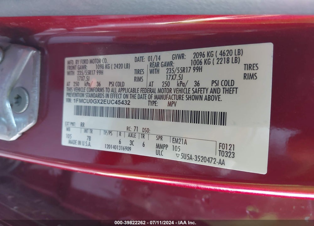2014 FORD ESCAPE SE VIN: 1FMCU0GX2EUC45432
