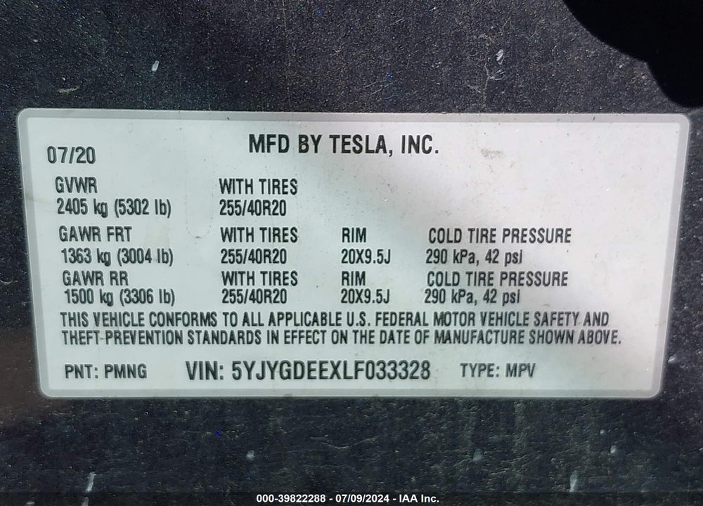 2020 TESLA MODEL Y LONG RANGE DUAL MOTOR ALL-WHEEL DRIVE VIN: 5YJYGDEEXLF033328
