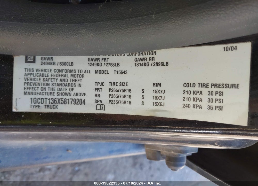 2005 CHEVROLET COLORADO LS VIN: 1GCDT136X58179204