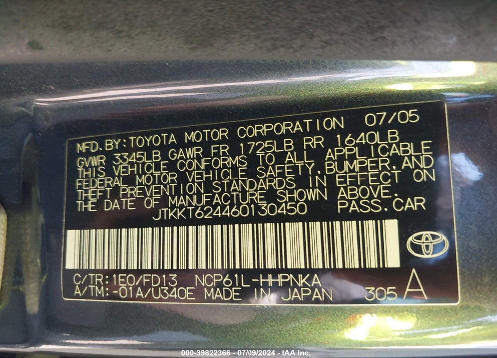 2006 SCION XA VIN: JTKKT624460130450