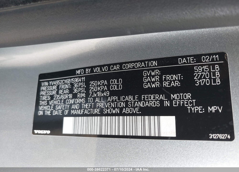 2011 VOLVO XC90 3.2 VIN: YV4952CY6B1596411