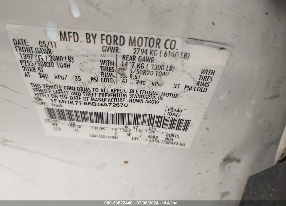 2011 FORD EXPLORER LIMITED VIN: 1FMHK7F86BGA72670