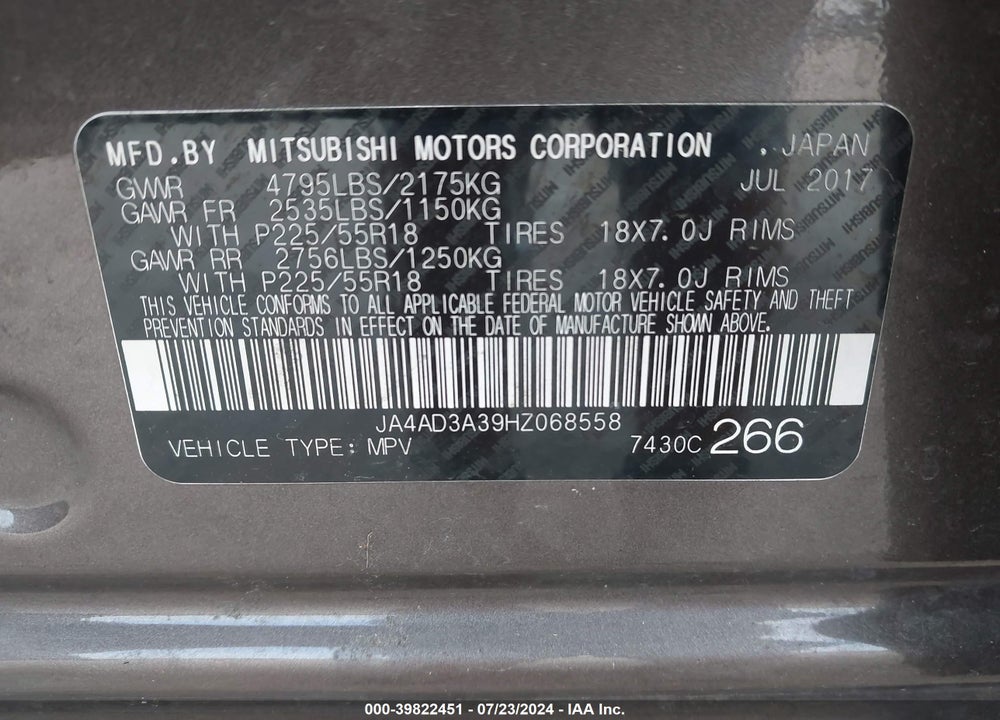 2017 MITSUBISHI OUTLANDER SE VIN: JA4AD3A39HZ068558