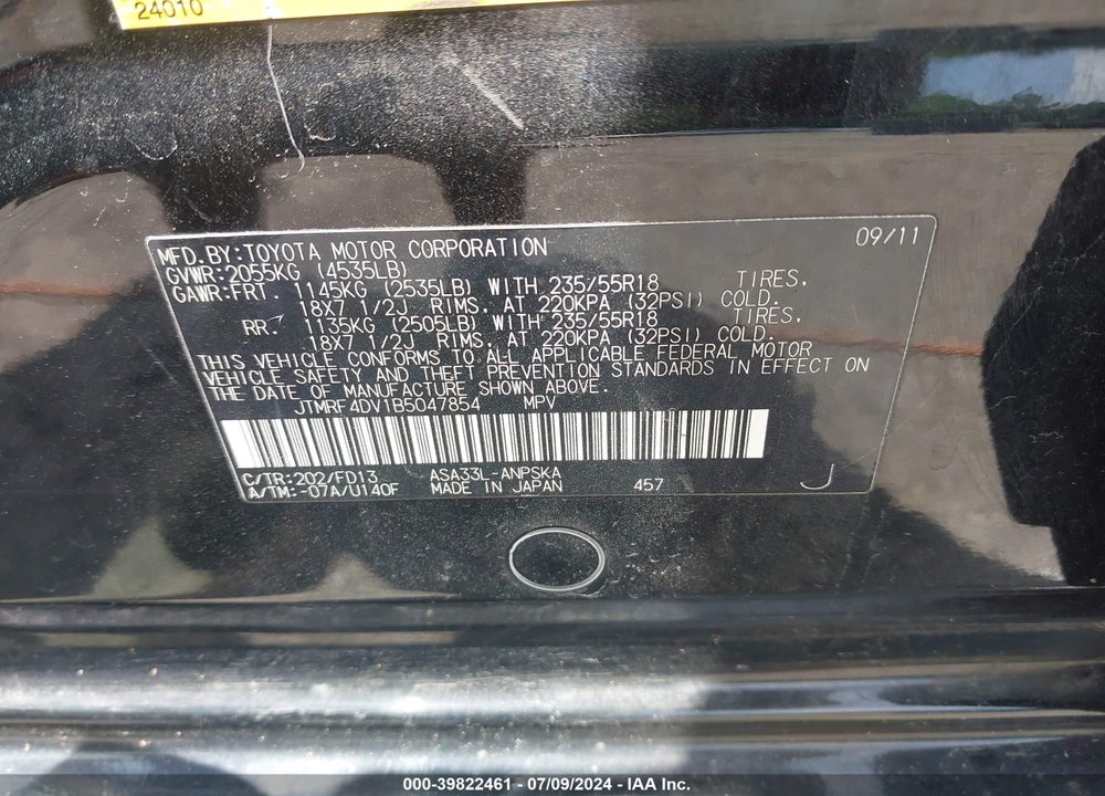 2011 TOYOTA RAV4 SPORT VIN: JTMRF4DV1B5047854