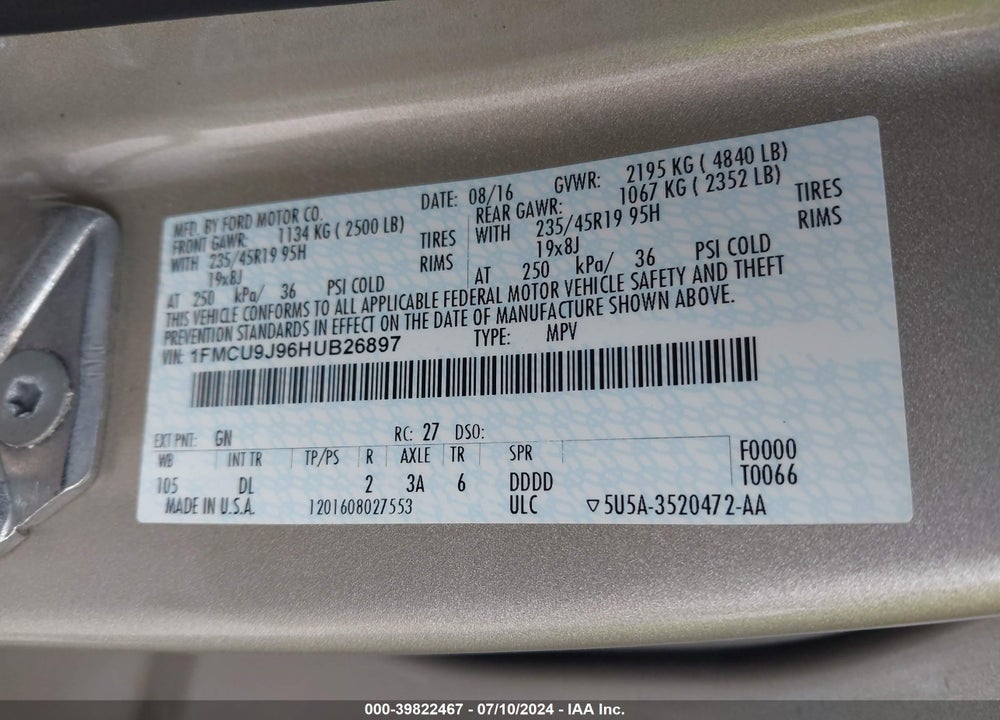 2017 FORD ESCAPE TITANIUM VIN: 1FMCU9J96HUB26897