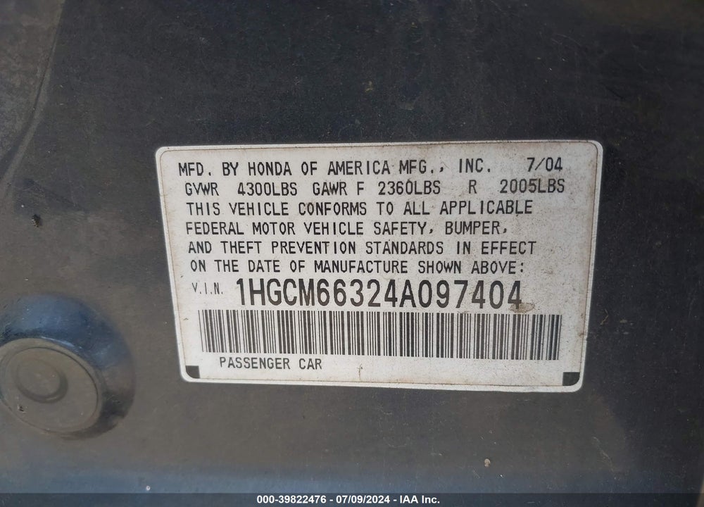 2004 HONDA ACCORD VIN: 1HGCM66324A097404