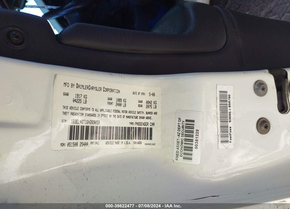 2006 DODGE STRATUS SXT VIN: 1B3EL46T16N269059