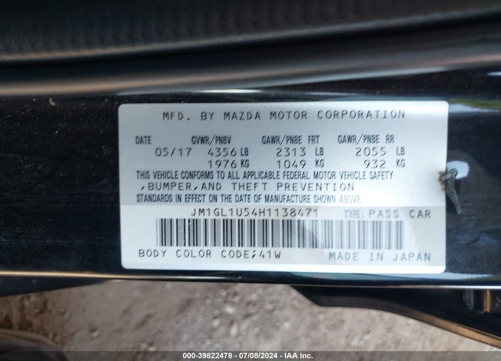 2017 MAZDA 6 SPORT VIN: JM1GL1U54H1138471
