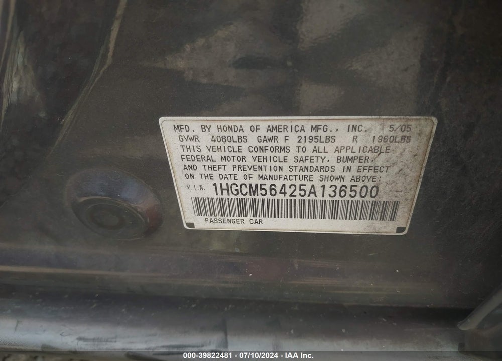 2005 HONDA ACCORD 2.4 LX VIN: 1HGCM56425A136500