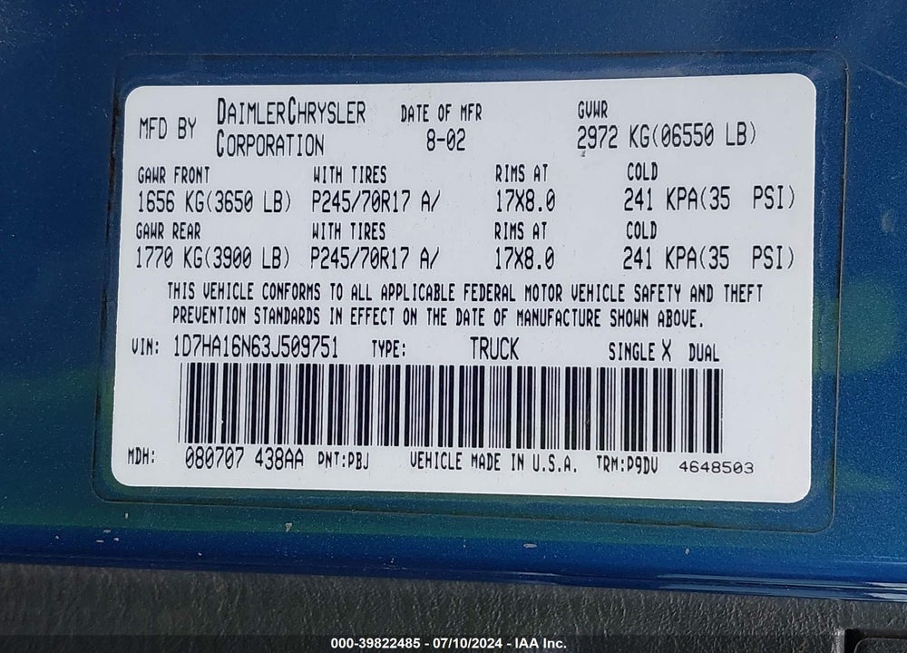 2003 DODGE RAM 1500 SLT/LARAMIE/ST VIN: 1D7HA16N63J509751
