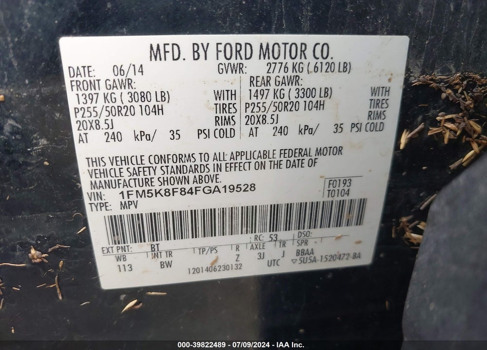2015 FORD EXPLORER LIMITED VIN: 1FM5K8F84FGA19528