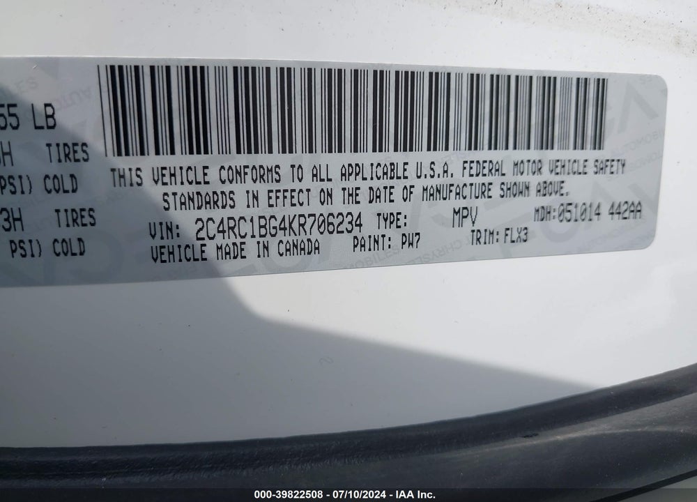 2019 CHRYSLER PACIFICA VIN: 2C4RC1BG4KR706234