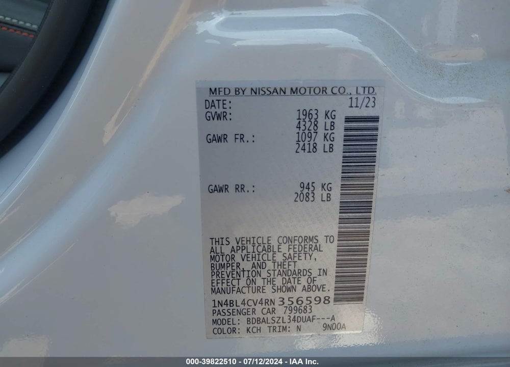 2024 NISSAN ALTIMA SR FWD VIN: 1N4BL4CV4RN356598