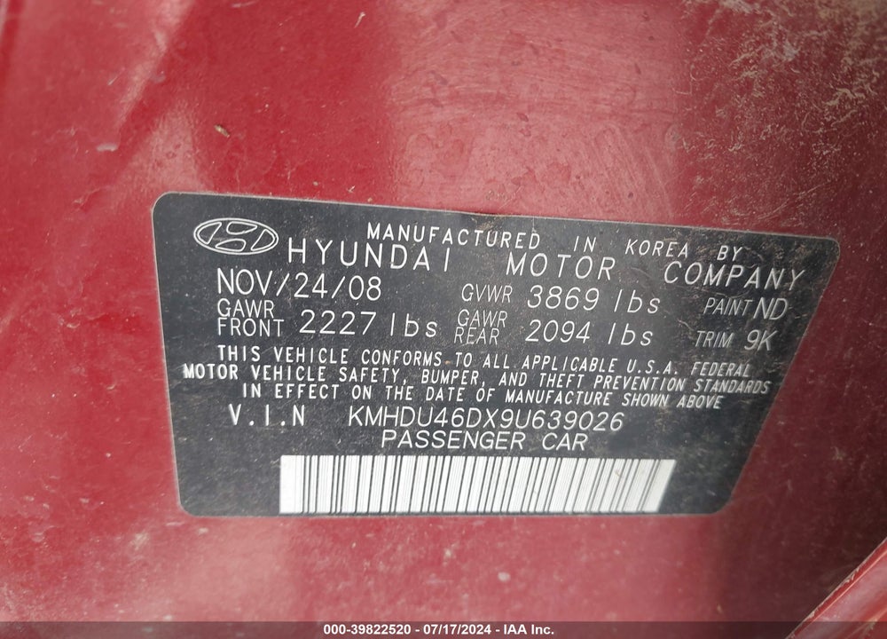 2009 HYUNDAI ELANTRA GLS VIN: KMHDU46DX9U639026