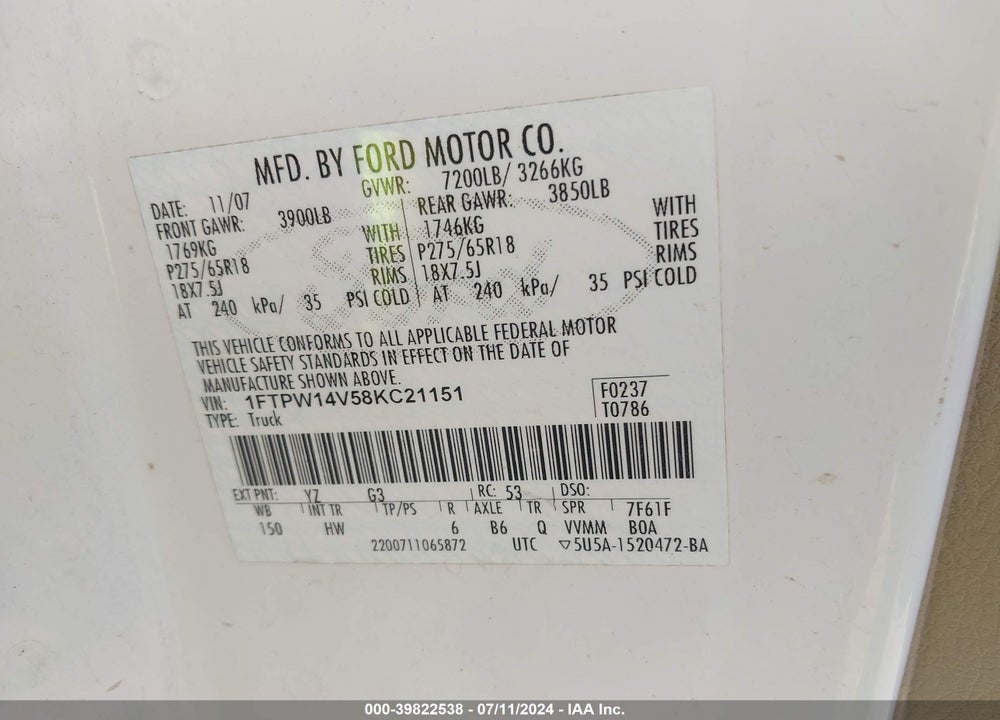 2008 FORD F-150 LARIAT VIN: 1FTPW14V58KC21151