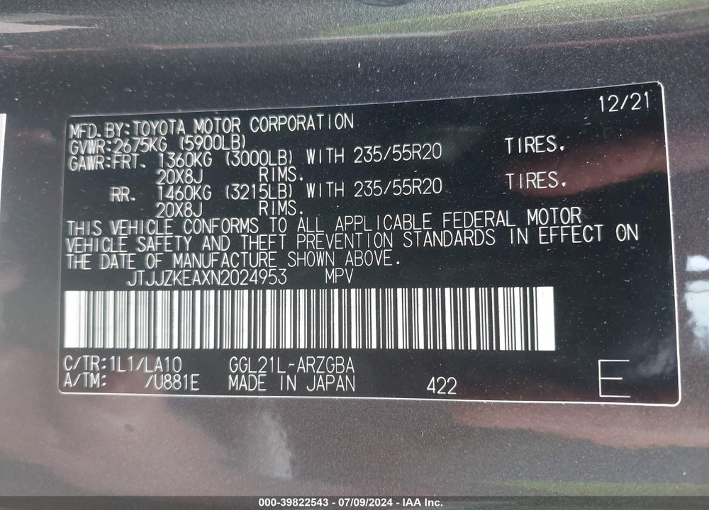 2022 LEXUS RX 350L LUXURY VIN: JTJJZKEAXN2024953