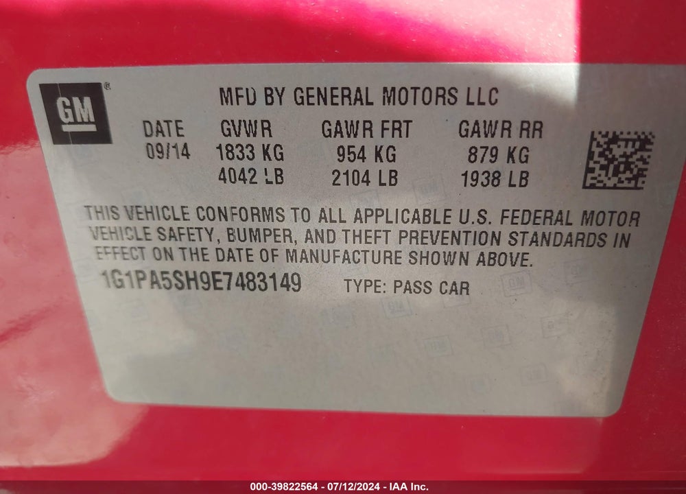2014 CHEVROLET CRUZE LS AUTO VIN: 1G1PA5SH9E7483149
