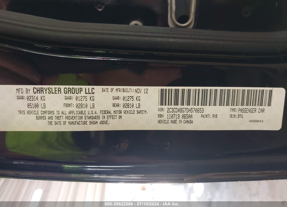 2013 DODGE CHARGER SE VIN: 2C3CDXBG7DH570653