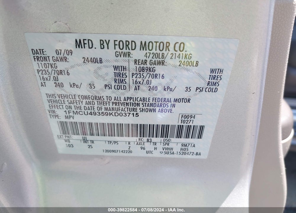 2009 FORD ESCAPE HYBRID LIMITED VIN: 1FMCU49359KD03715