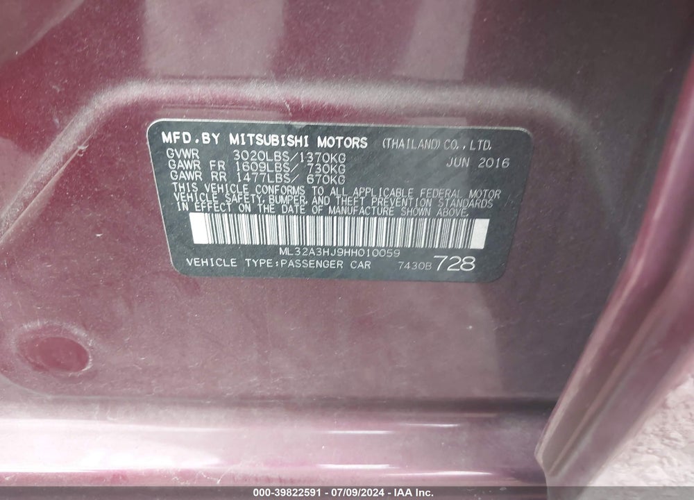 2017 MITSUBISHI MIRAGE ES VIN: ML32A3HJ9HH010059