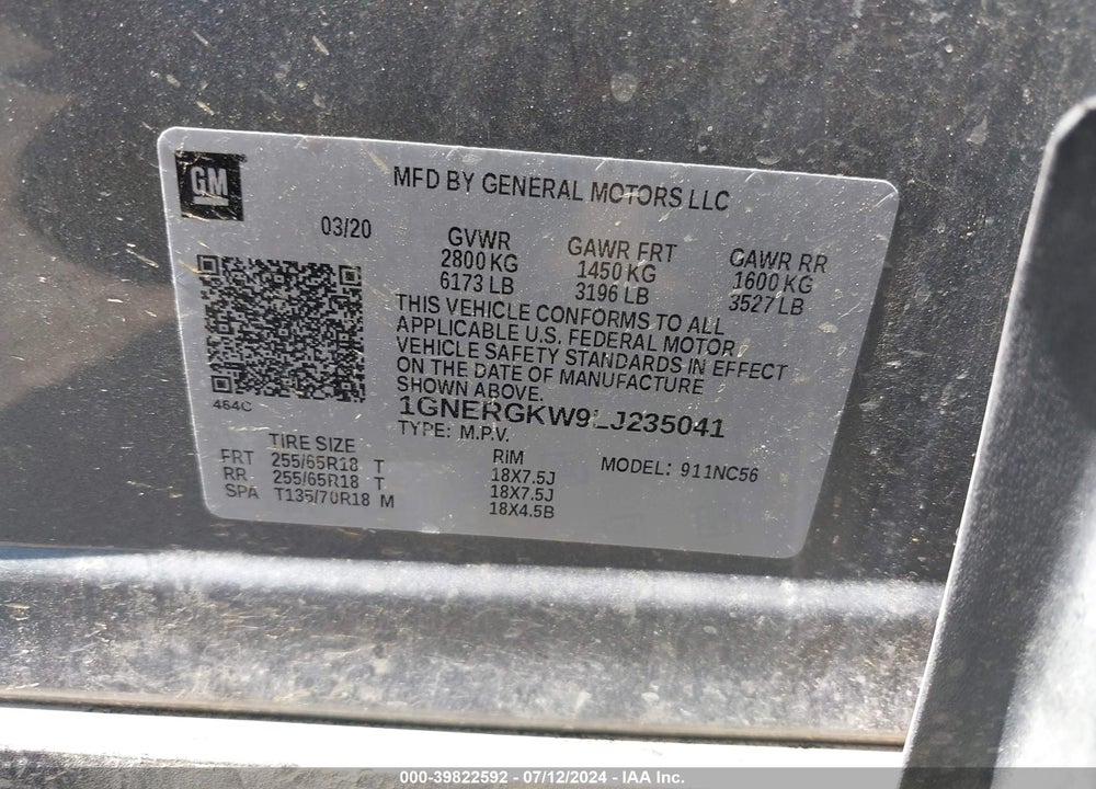 2020 CHEVROLET TRAVERSE FWD LT CLOTH VIN: 1GNERGKW9LJ235041