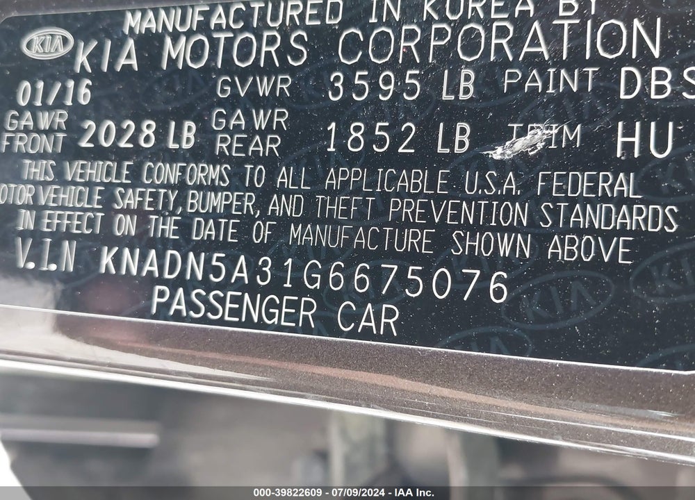 2016 KIA RIO EX VIN: KNADN5A31G6675076