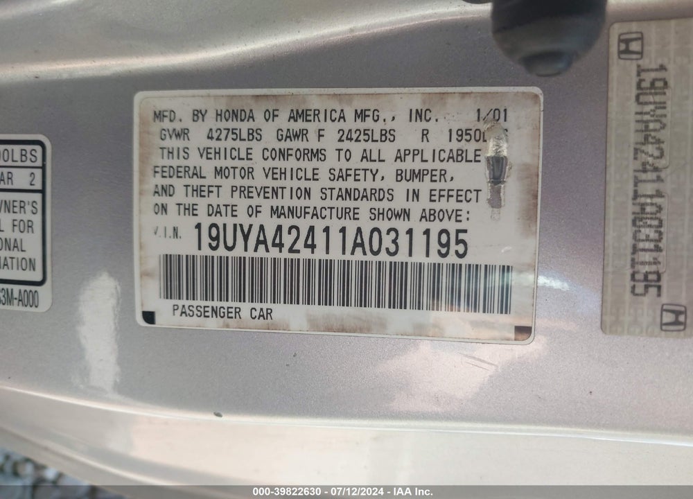 2001 ACURA CL 3.2 VIN: 19UYA42411A031195