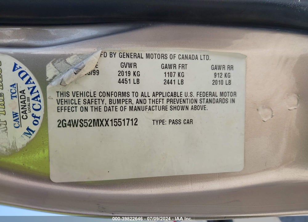 1999 BUICK CENTURY CUSTOM VIN: 2G4WS52MXX1551712
