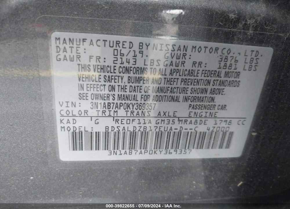 2019 NISSAN SENTRA SV VIN: 3N1AB7AP0KY369357
