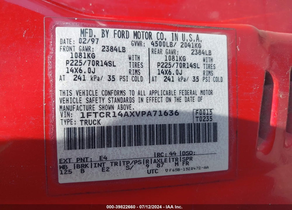 1997 FORD RANGER XL/XLT VIN: 1FTCR14AXVPA71636