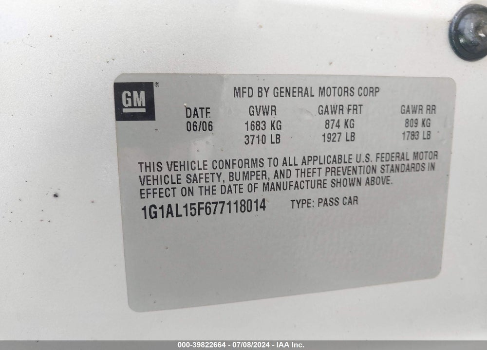 2007 CHEVROLET COBALT LT VIN: 1G1AL15F677118014