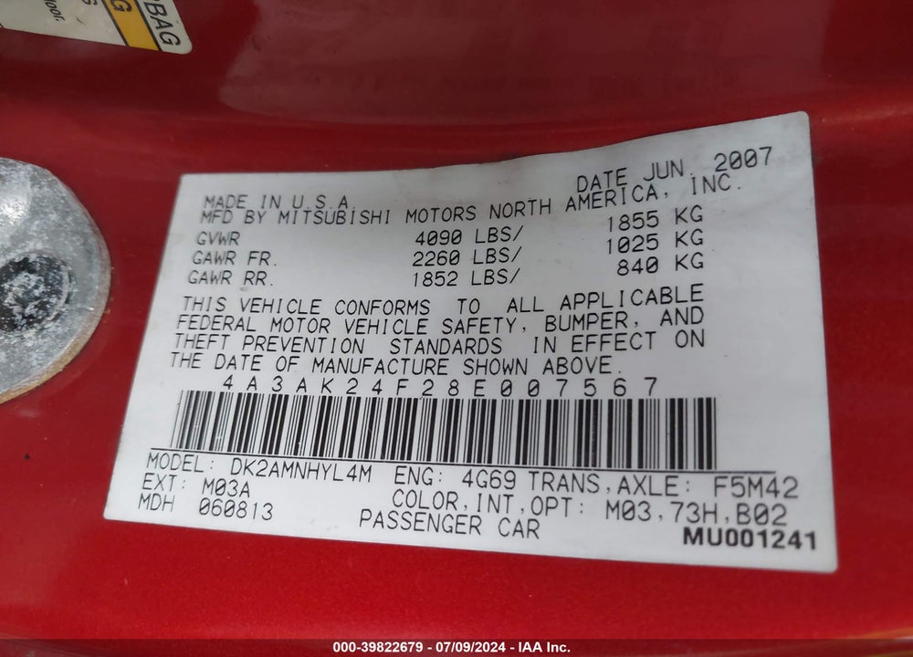 2008 MITSUBISHI ECLIPSE GS VIN: 4A3AK24F28E007567