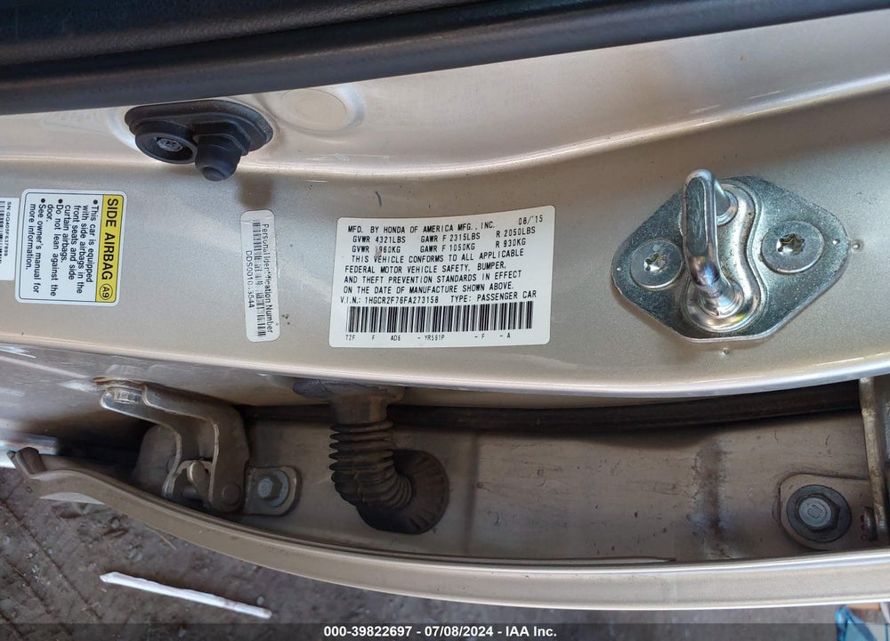 2015 HONDA ACCORD EX VIN: 1HGCR2F76FA273158