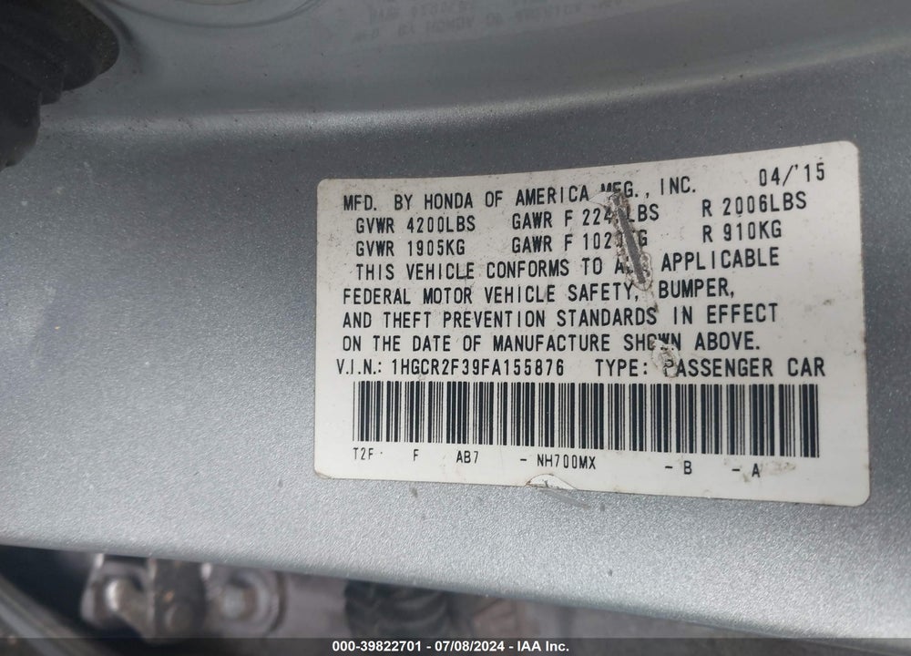 2015 HONDA ACCORD LX VIN: 1HGCR2F39FA155876