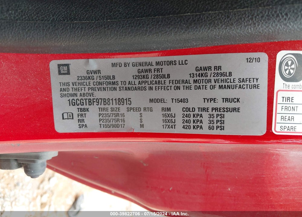 2011 CHEVROLET COLORADO WORK TRUCK VIN: 1GCGTBF97B8118915