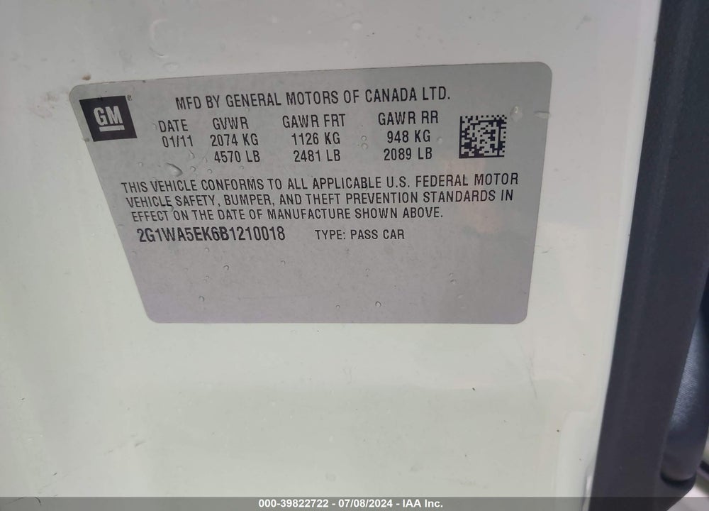 2011 CHEVROLET IMPALA LS VIN: 2G1WA5EK6B1210018
