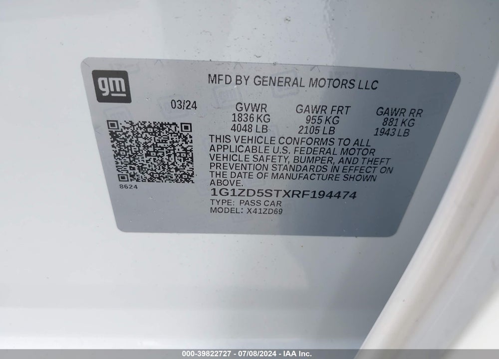 2024 CHEVROLET MALIBU LT VIN: 1G1ZD5STXRF194474