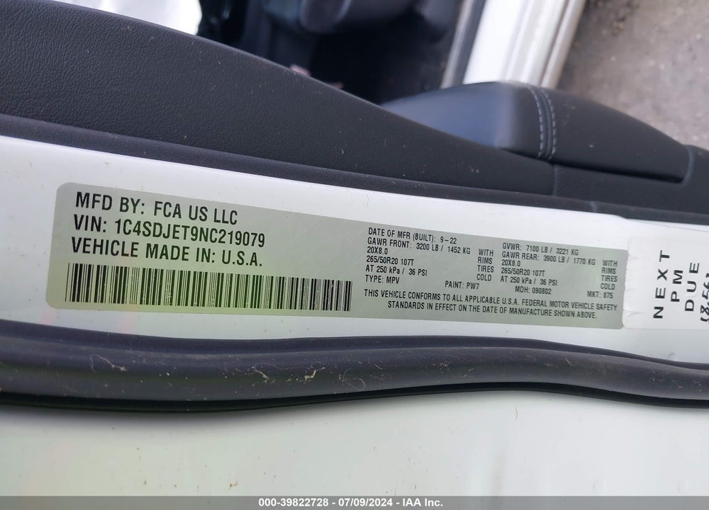 2022 DODGE DURANGO CITADEL AWD VIN: 1C4SDJET9NC219079