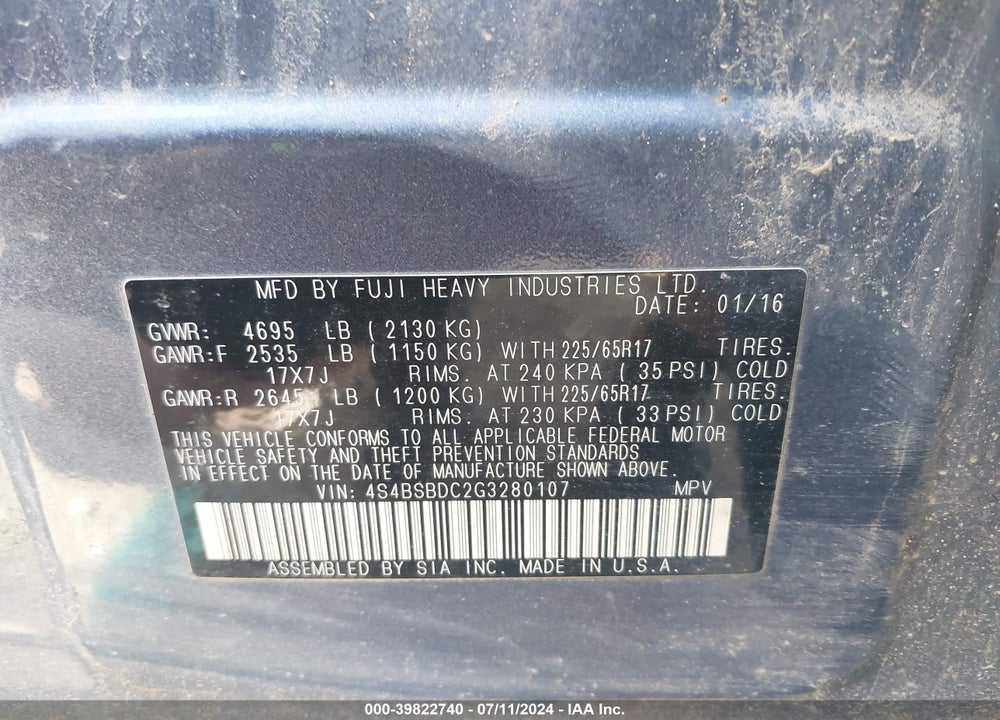 2016 SUBARU OUTBACK 2.5I PREMIUM VIN: 4S4BSBDC2G3280107