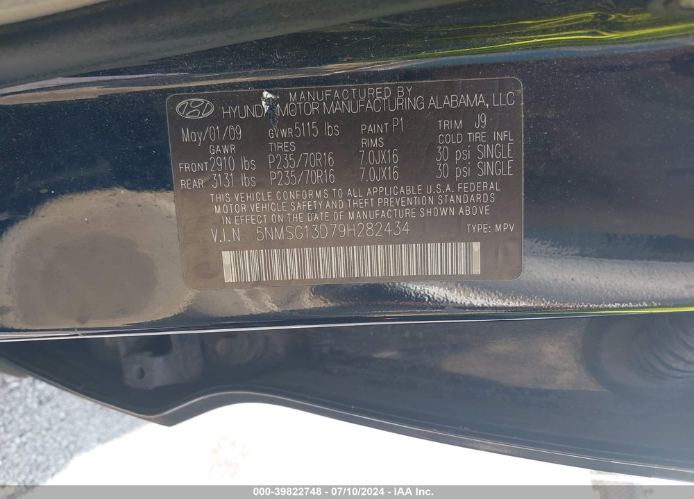 2009 HYUNDAI SANTA FE GLS VIN: 5NMSG13D79H282434